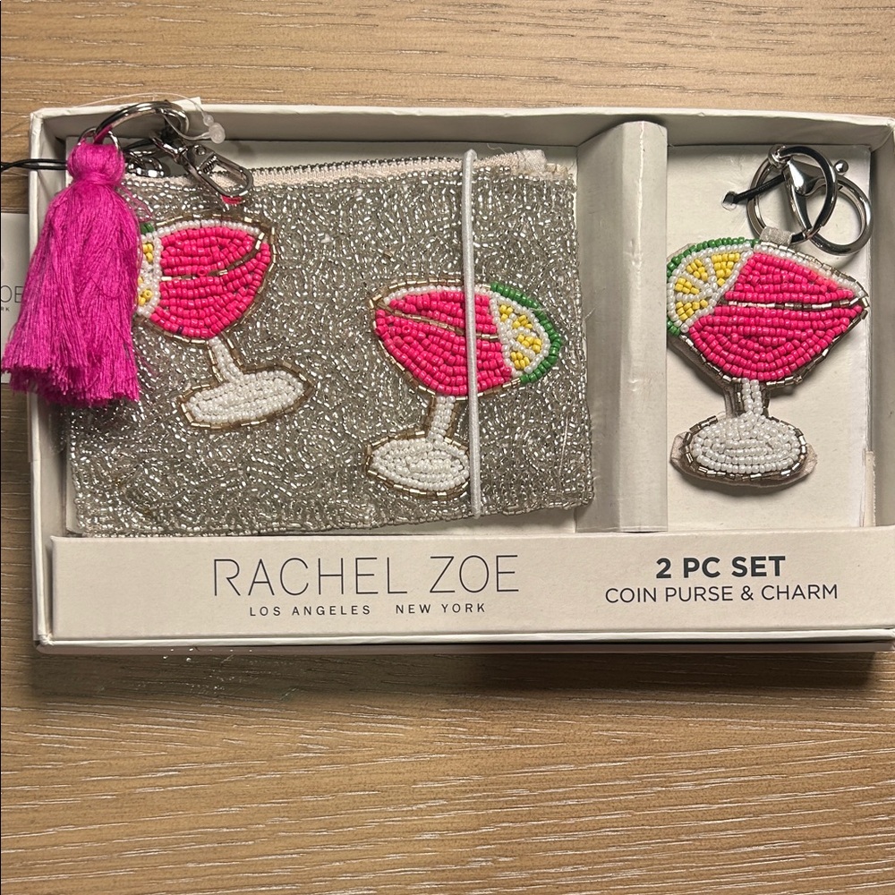 Rachel Zoe Pink Drink Beaded Coin Purse  and Charm Set— in pink and silver